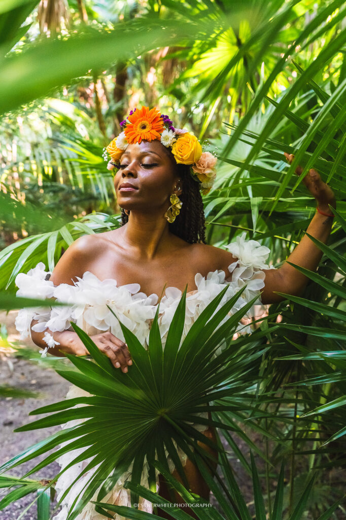 Cenote jungle photoshoot with fresh flower crowns in Tulum