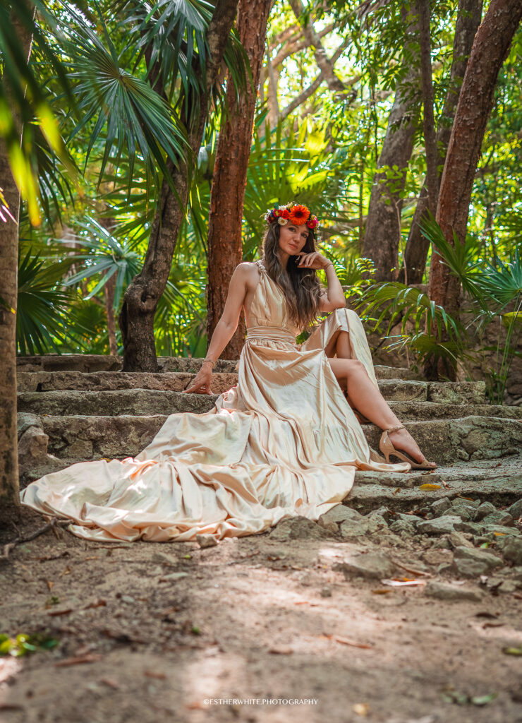 flying dress photoshoot in the cenote of Tulum