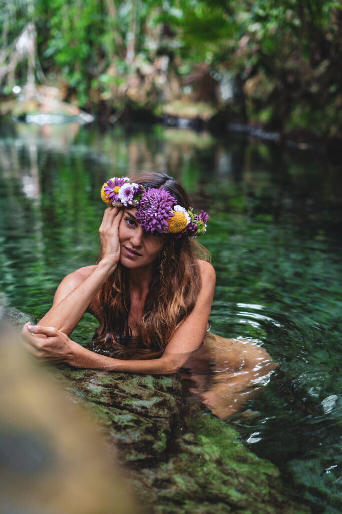 Cenote jungle photoshoot with fresh flower crowns in Tulum